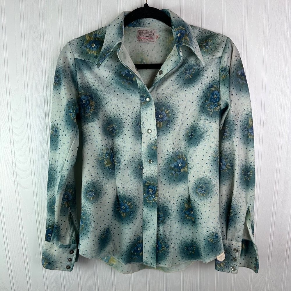 Vintage H Bar‎ C Ranchwear Blue floral pearl snap Shirt size 32